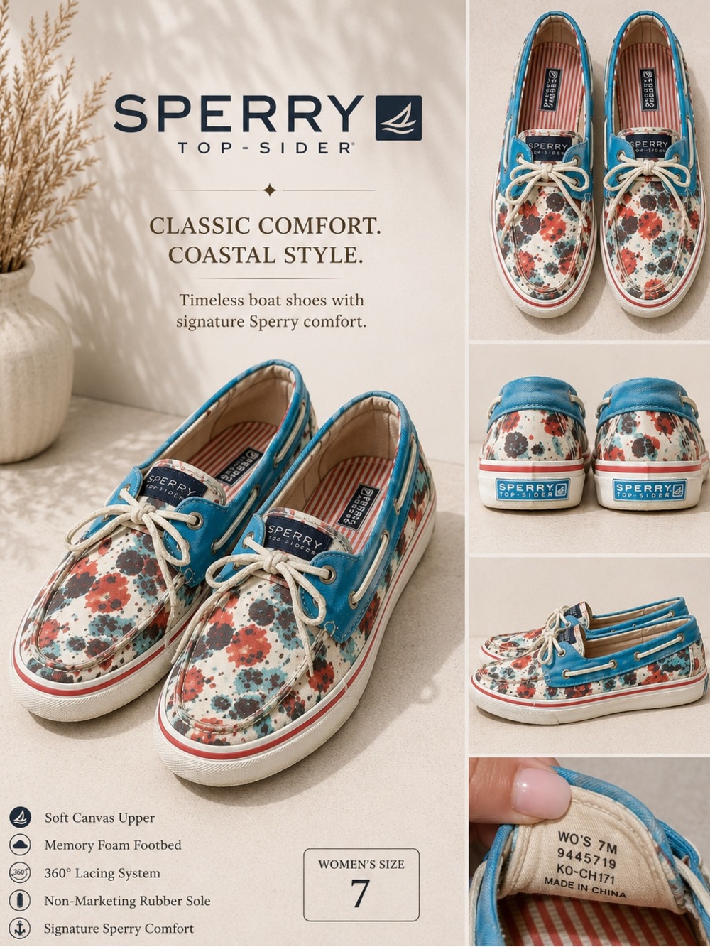 Sperry Blue Canvas Boat Shoes with Red, Teal & Black Paint-Splatter